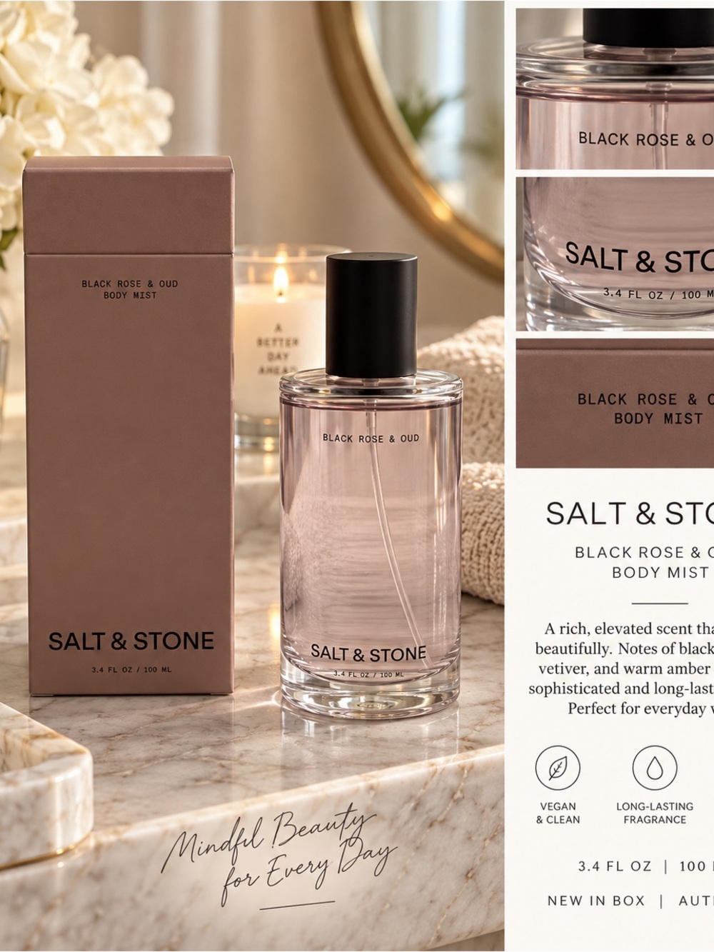 Title: Salt & Stone Black Rose & Oud Body Mist 3.4 oz 100 mL